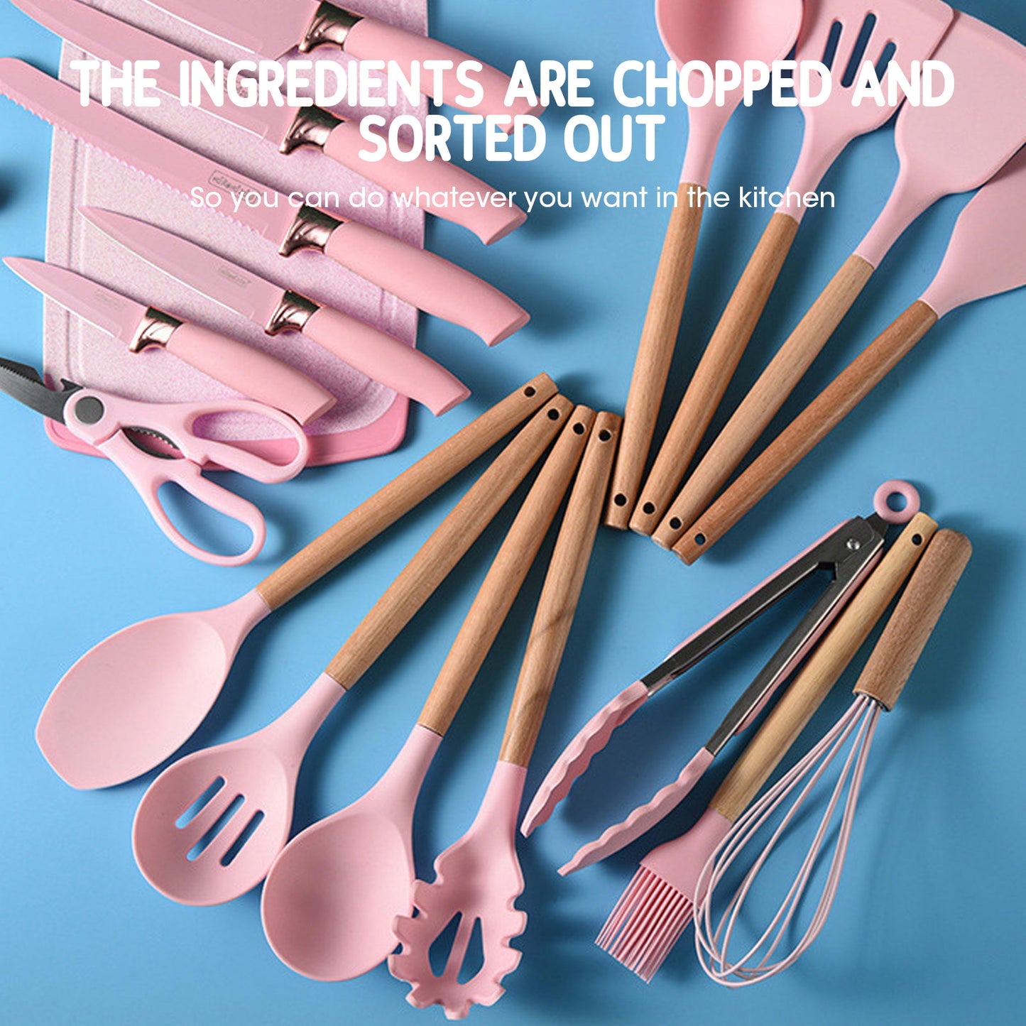 Silicone kitchenware set,19-piece cooking wooden handle scoop