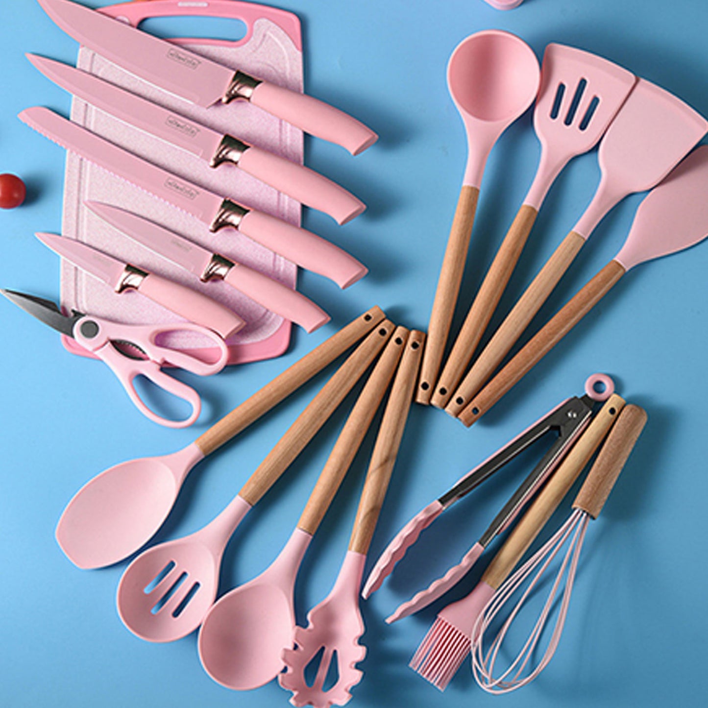 Silicone kitchenware set,19-piece cooking wooden handle scoop