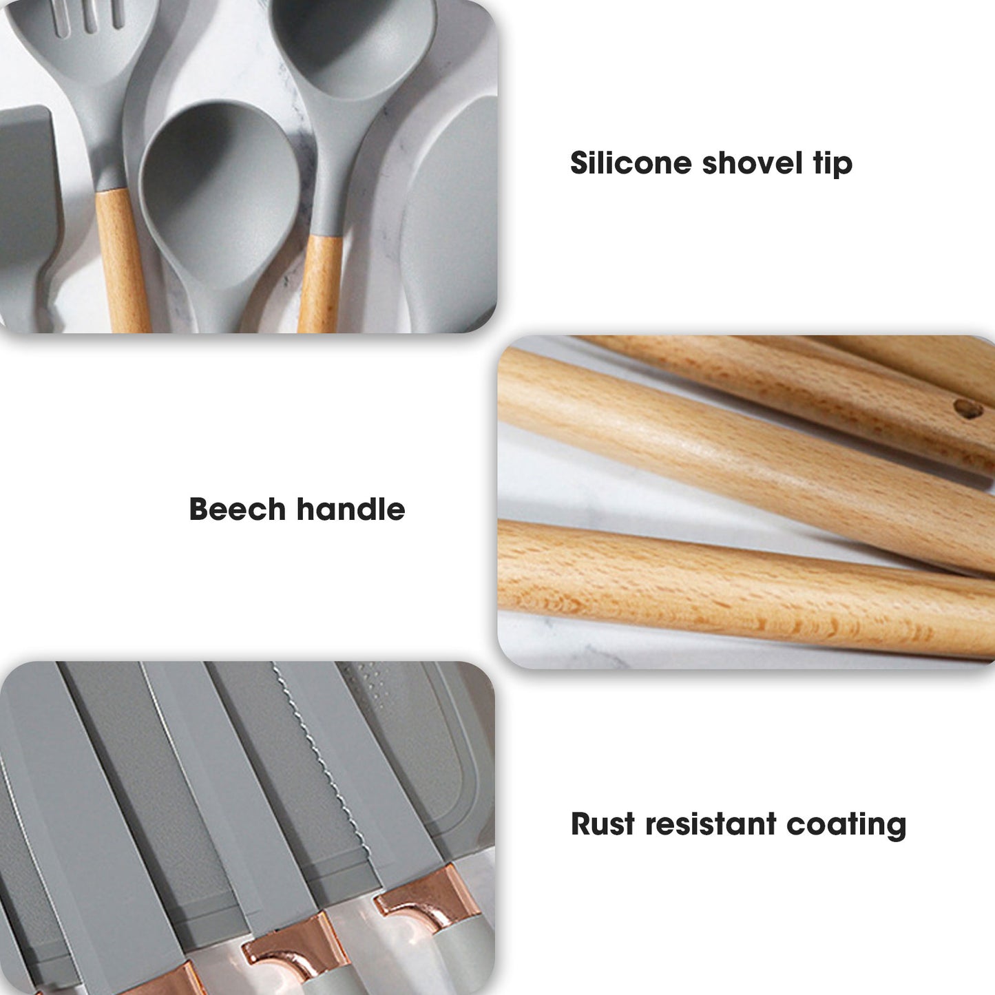 Silicone kitchenware set,19-piece cooking wooden handle scoop