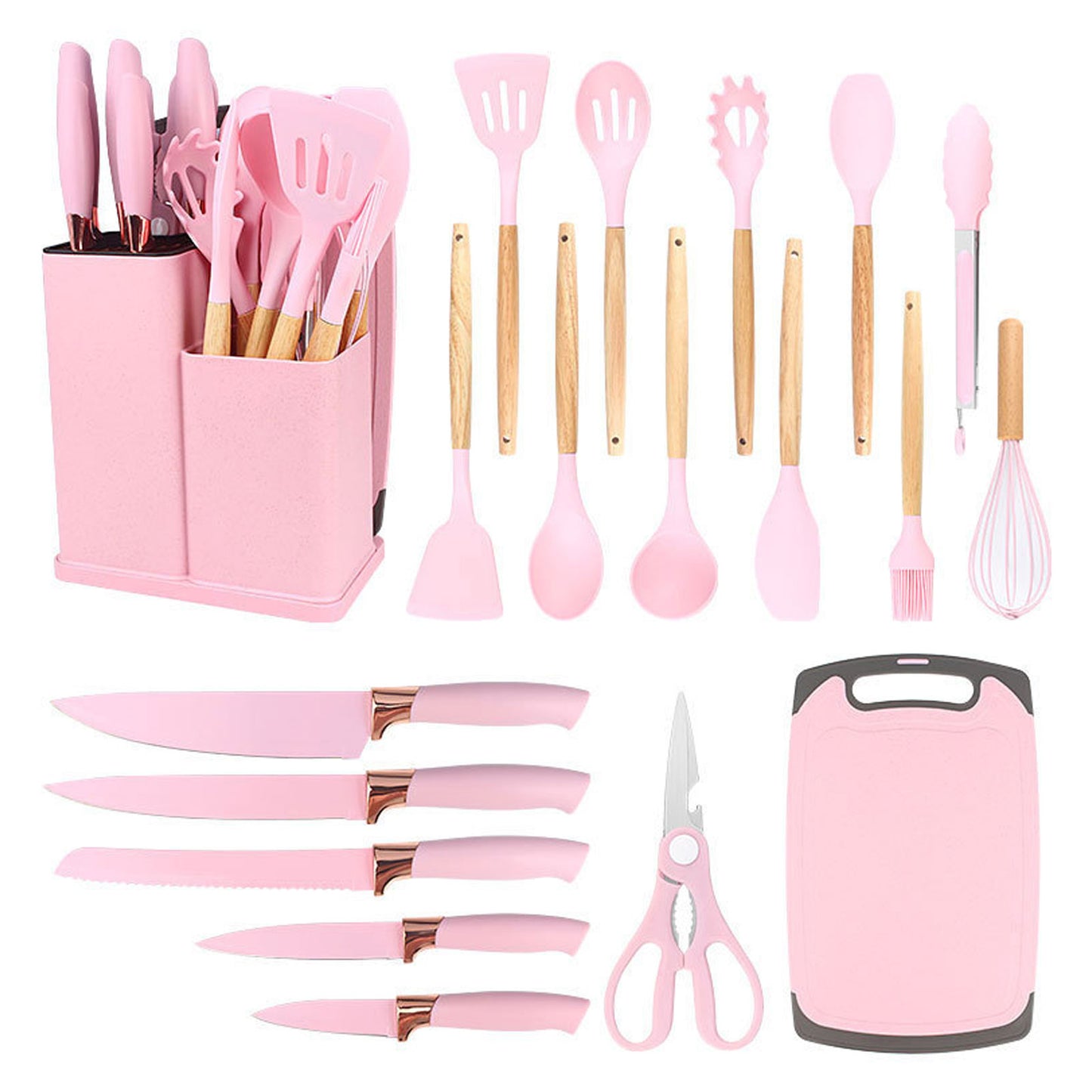 Silicone kitchenware set,19-piece cooking wooden handle scoop