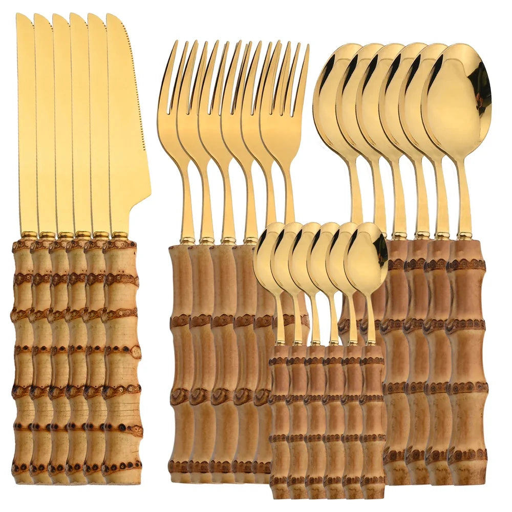 24-Piece Bamboo Tableware Set| Stainless Stell Cutlery Bamboo