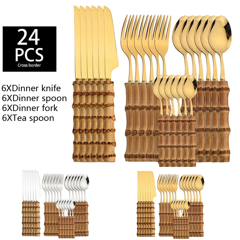 24-Piece Bamboo Tableware Set| Stainless Stell Cutlery Bamboo