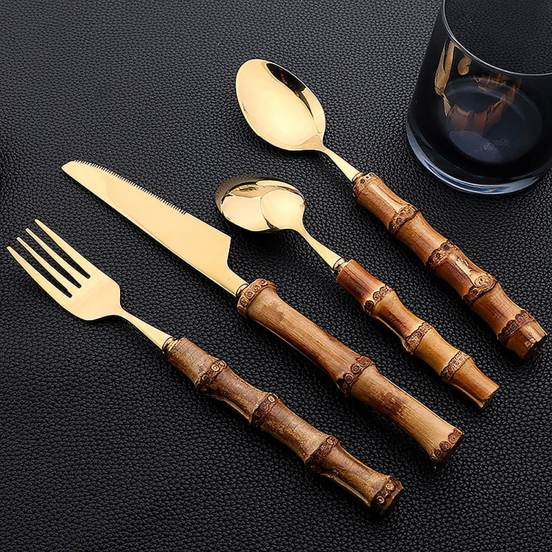 24-Piece Bamboo Tableware Set| Stainless Stell Cutlery Bamboo