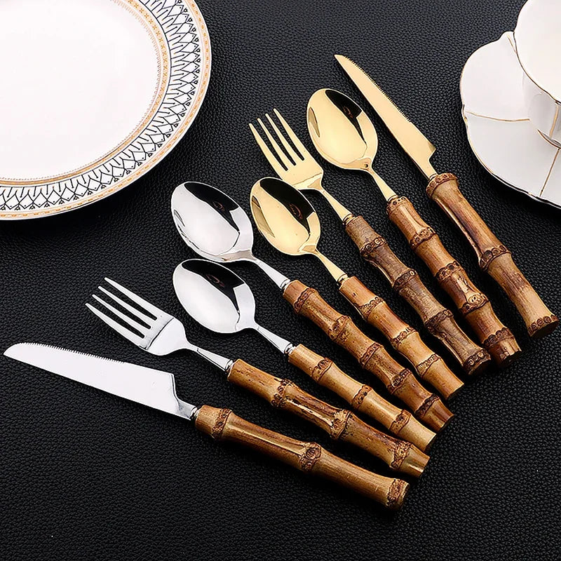 24-Piece Bamboo Tableware Set| Stainless Stell Cutlery Bamboo