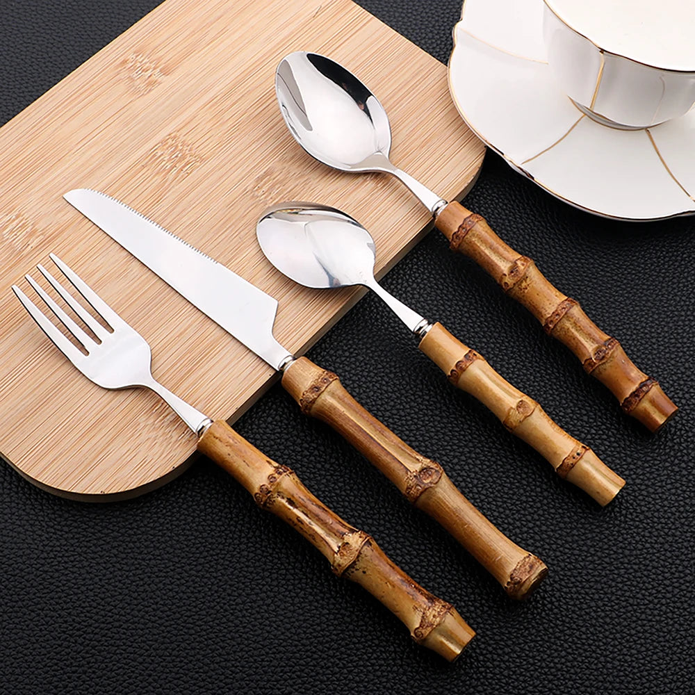 24-Piece Bamboo Tableware Set| Stainless Stell Cutlery Bamboo