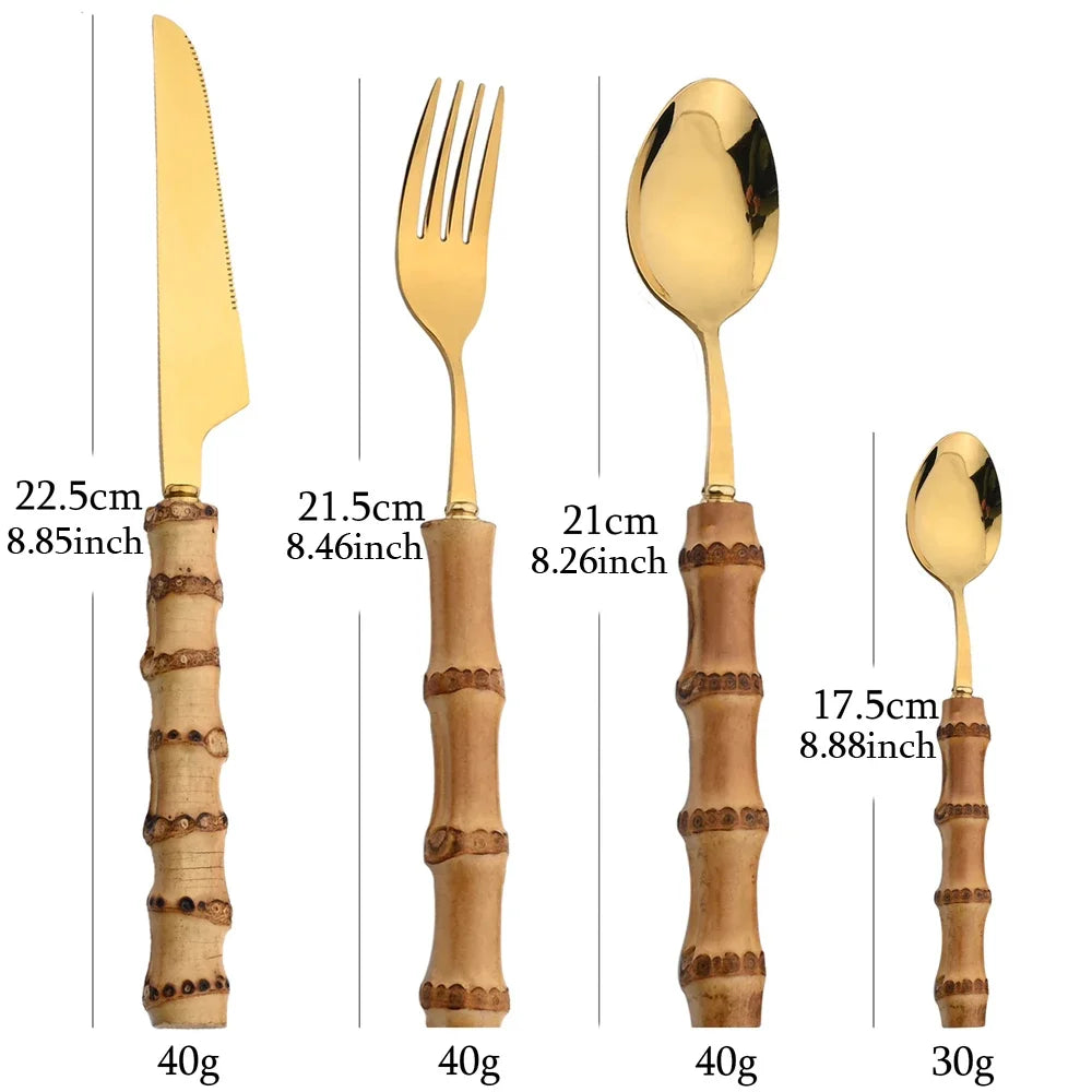 24-Piece Bamboo Tableware Set| Stainless Stell Cutlery Bamboo