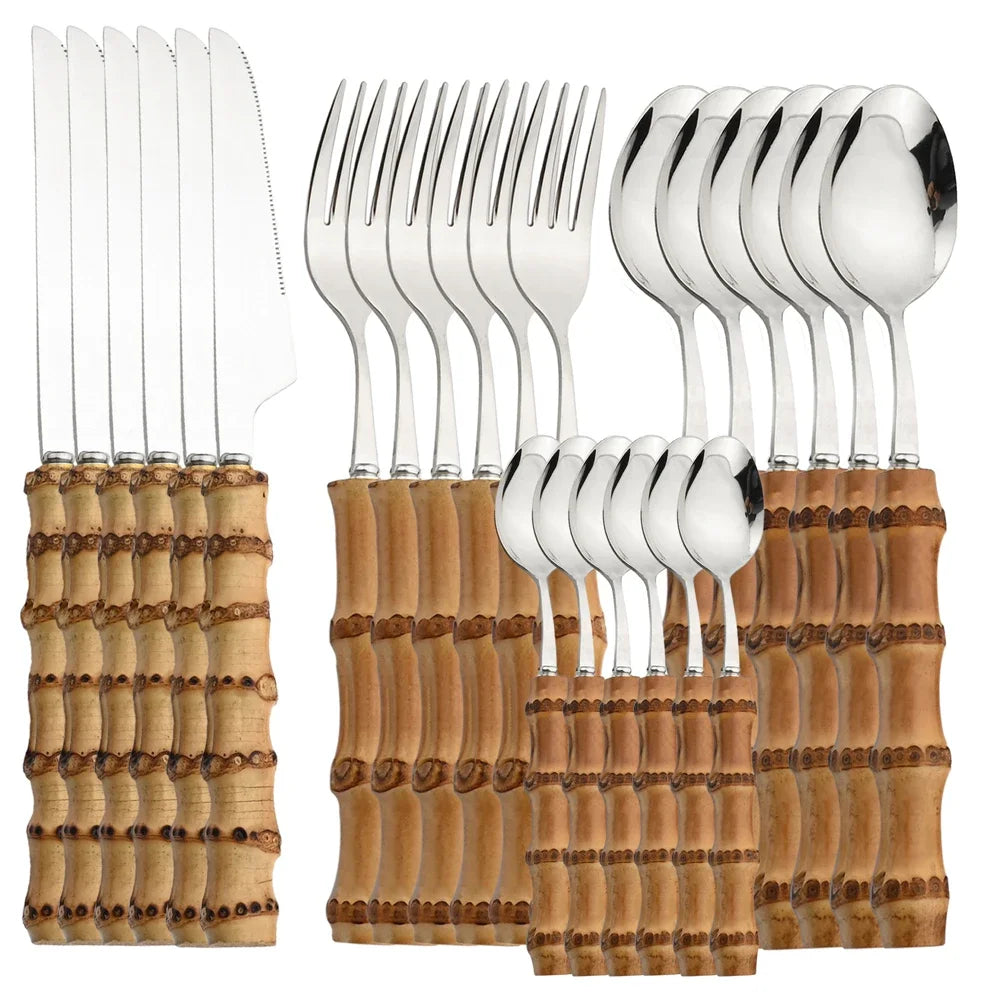 24-Piece Bamboo Tableware Set| Stainless Stell Cutlery Bamboo