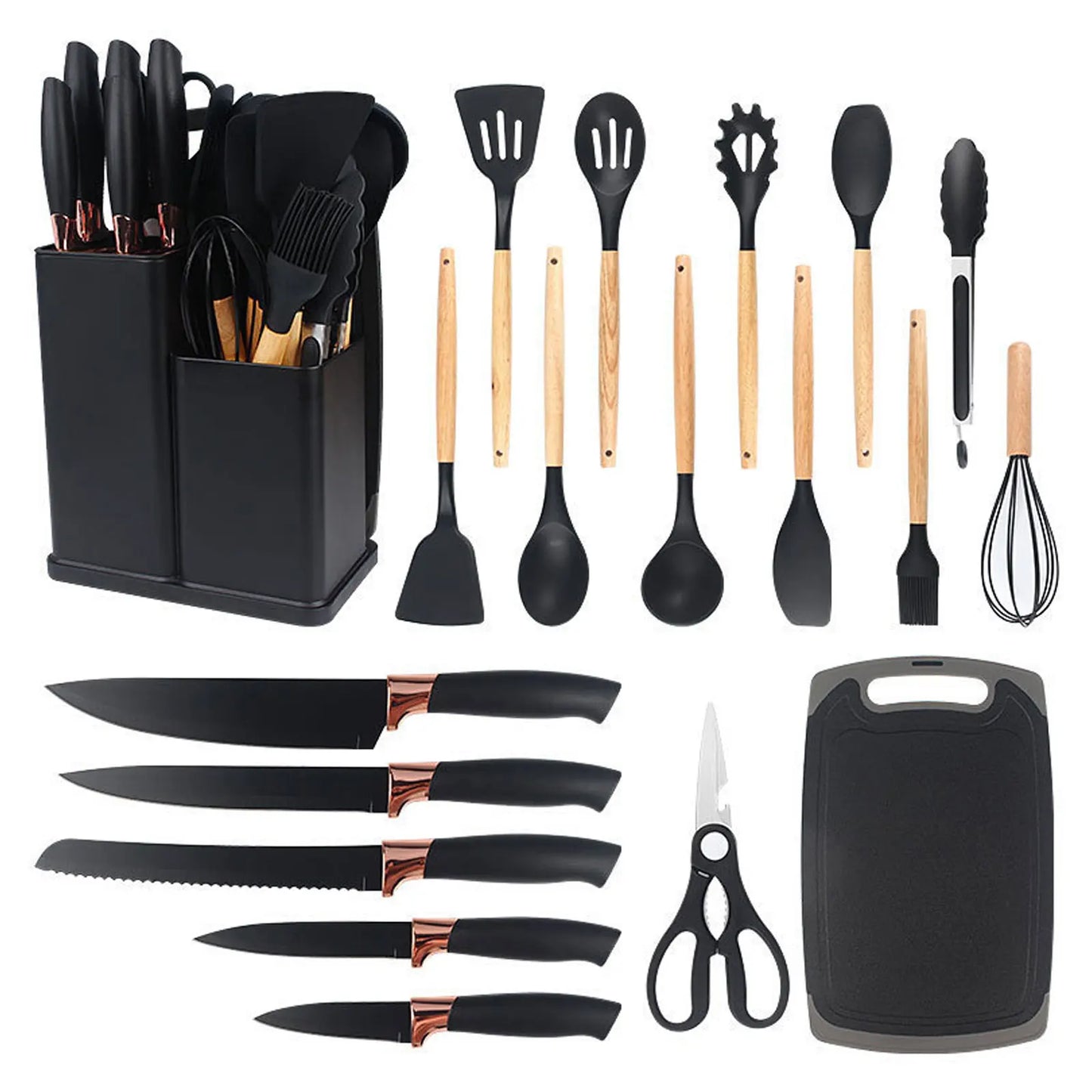 Silicone kitchenware set,19-piece cooking wooden handle scoop