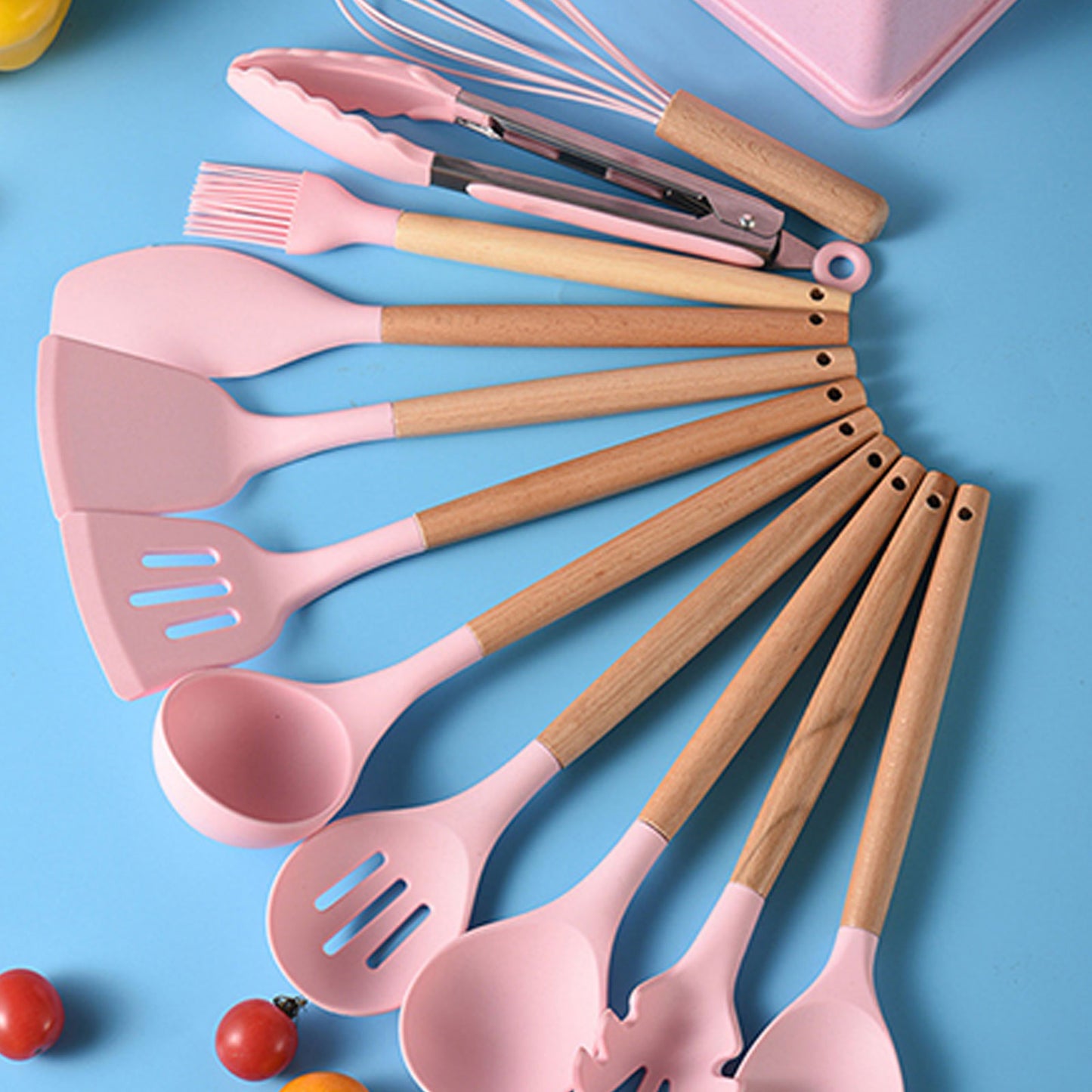 Silicone kitchenware set,19-piece cooking wooden handle scoop